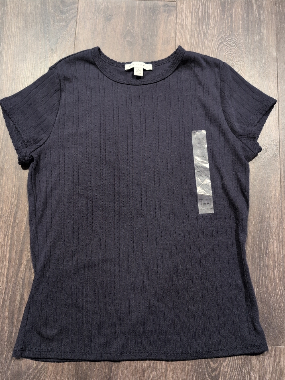 NWT Free Assembly Women's Ribbed Short Sleeve T-Shirt Navy Blue Size L 12-14